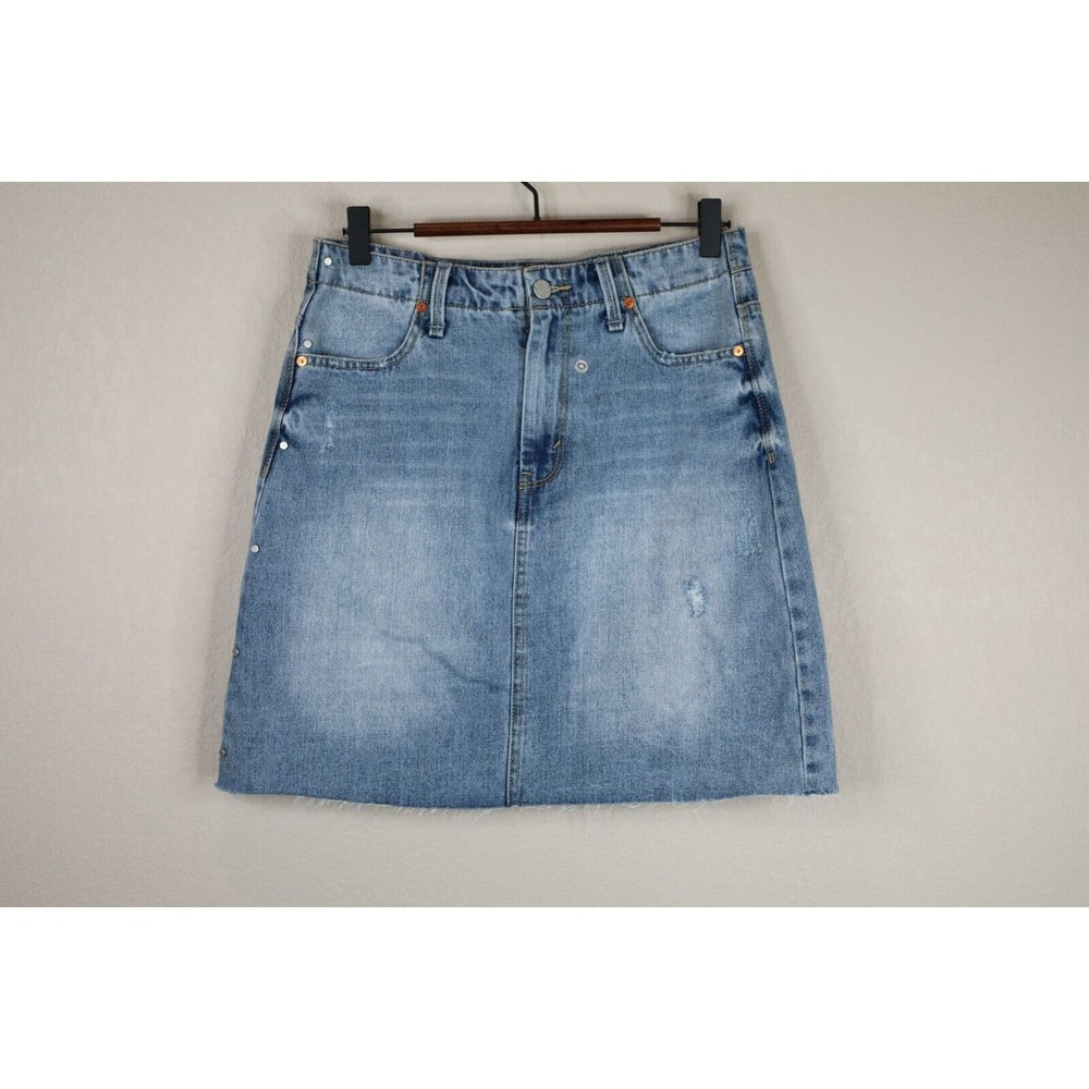 Habitual Women‎ Medium Wash Distressed Denim Mini Skirt Raw Hem Side Studs Blue